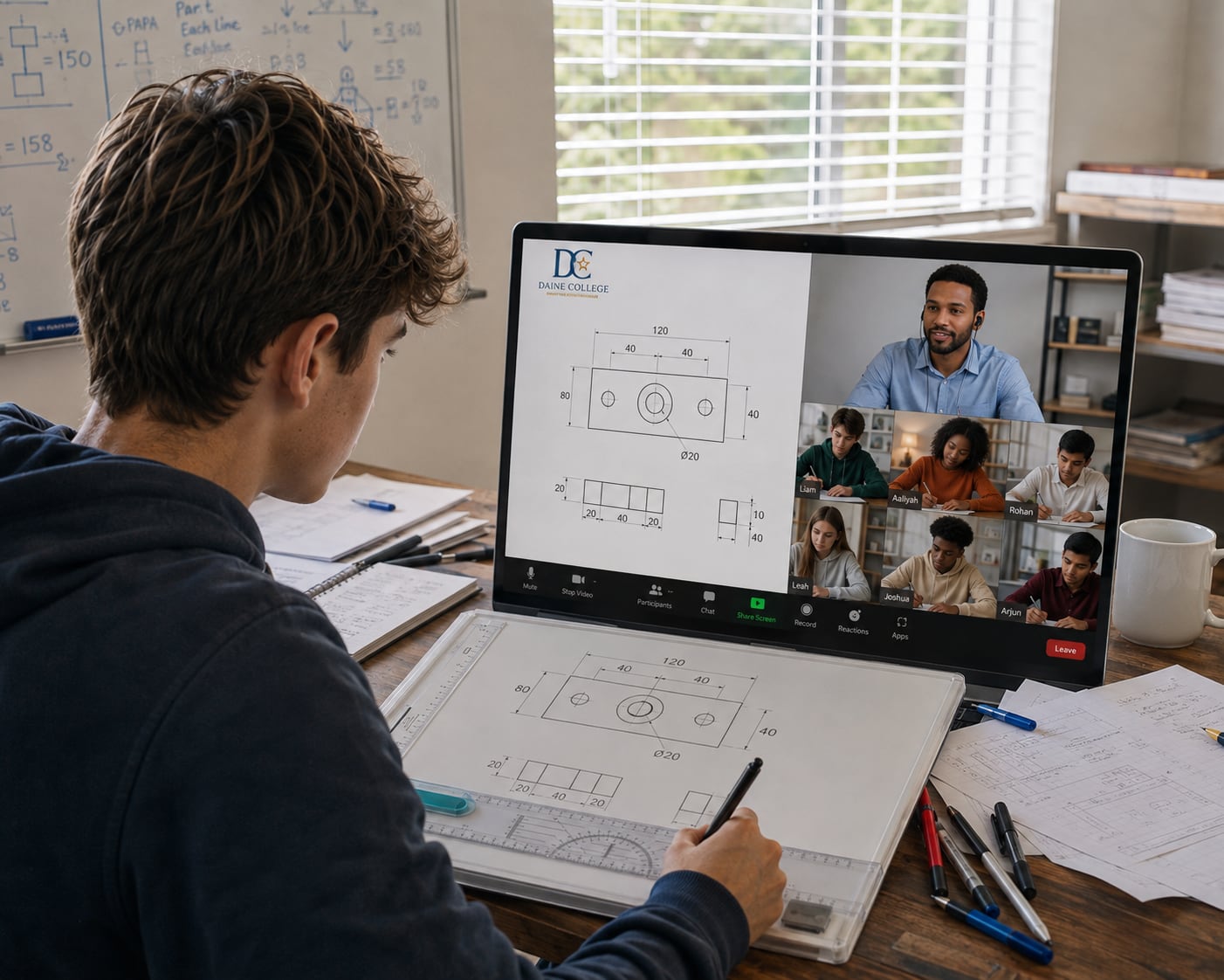 A Daine College student in a live technical drawing class, sketching an engineering diagram on a drawing board while his teacher and classmates appear on screen