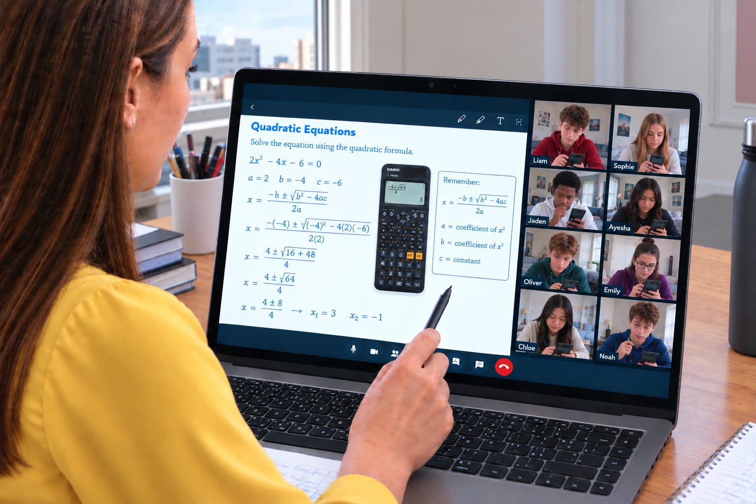 A Daine College Mathematics teacher live-teaching a quadratic equations lesson, solving for x on screen with her class watching