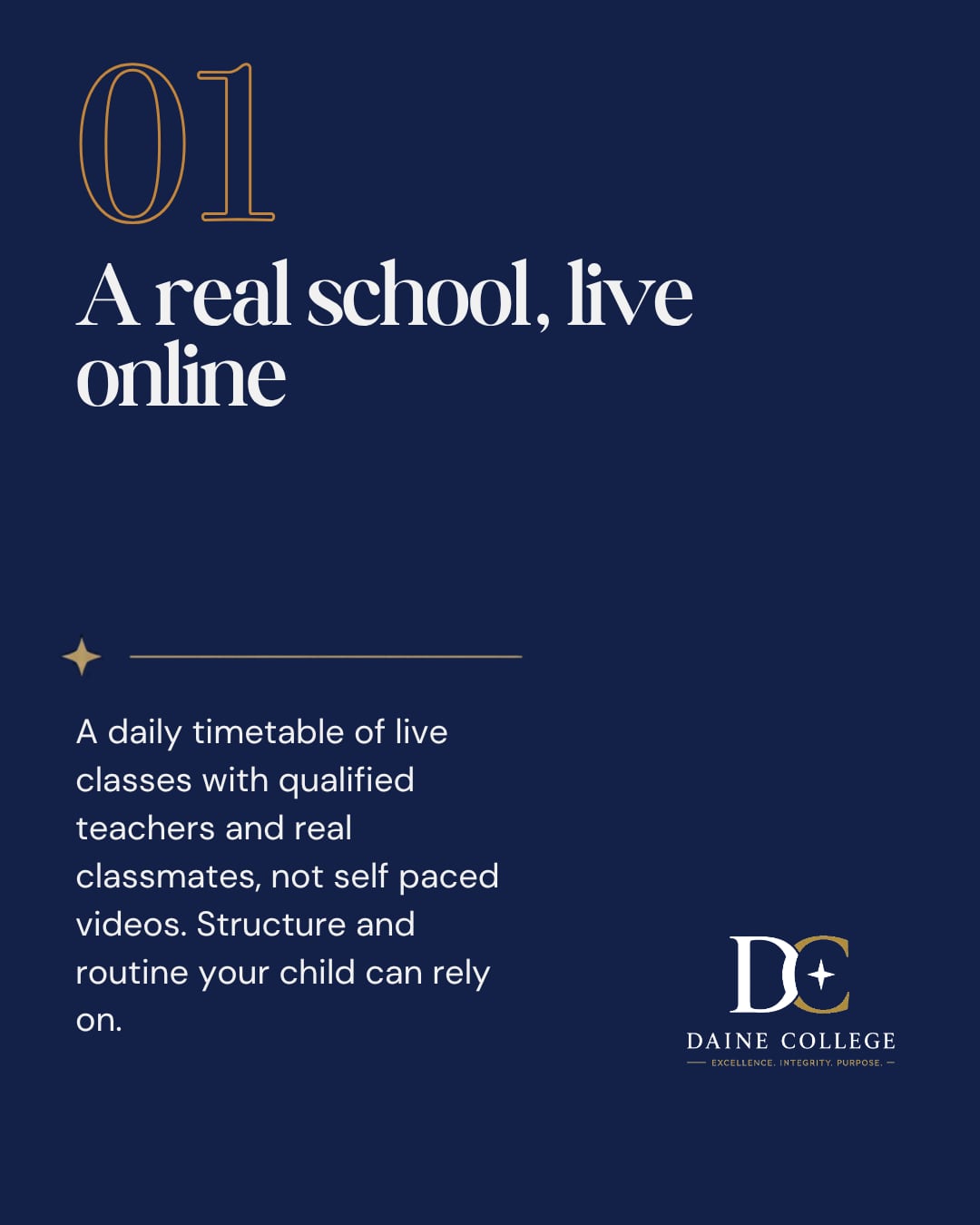 Reason one. A real school, live online. A daily timetable of live classes with qualified teachers and real classmates, not self-paced videos.